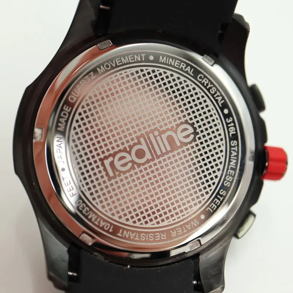 Redline Mens Chronograph Black Red Date 47mm Watch Silicone Strap w New Battery